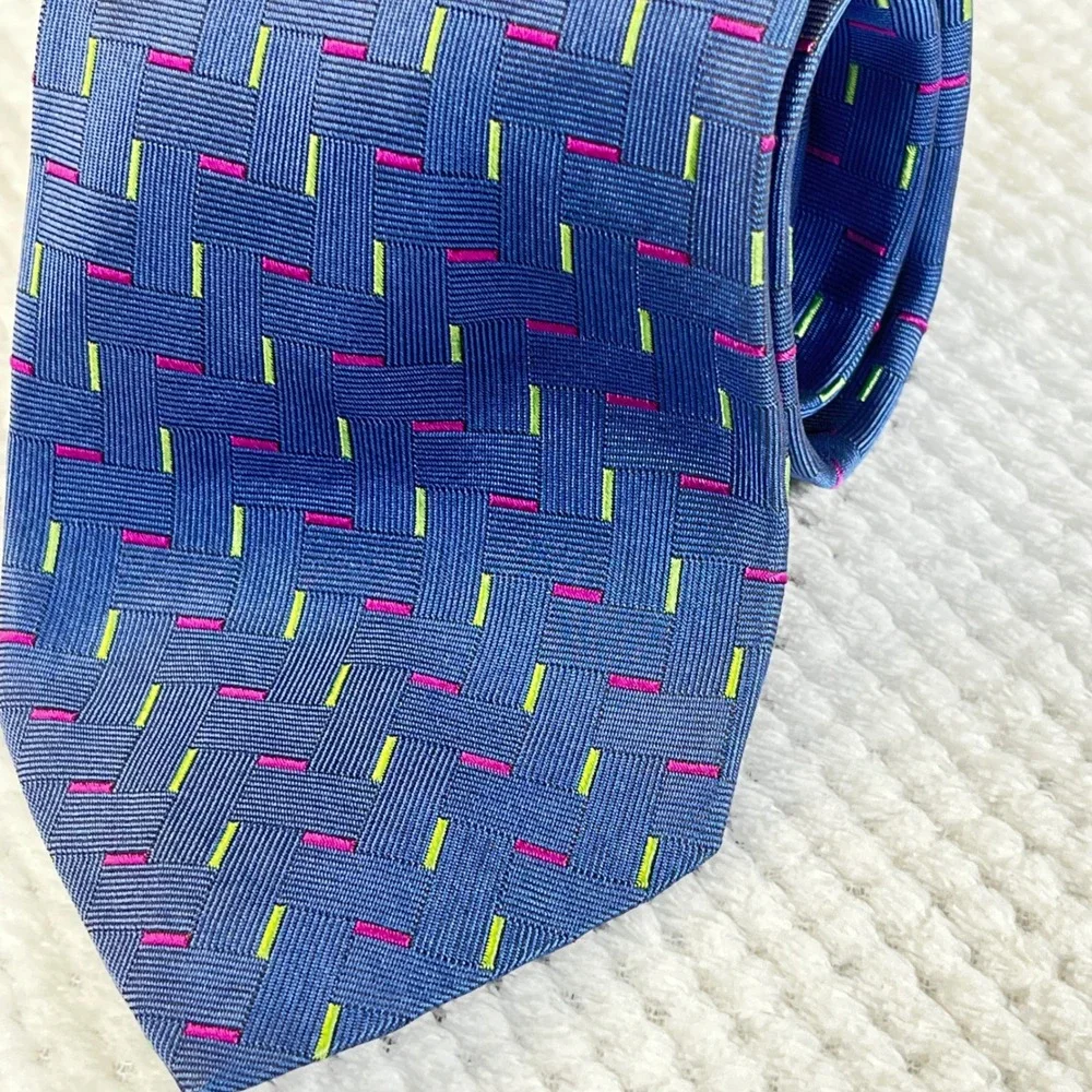 Lauren Ralph Lauren Mens Blue Silk Basketweave Geometric Pink Green Dash Necktie